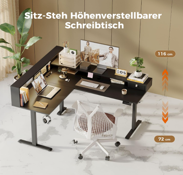 L-Vormig Sta-bureau – Hoekbureau – Zit-Sta Bureau – Verstelbaar Bureau – Ergonomisch Bureau – In Hoogte Verstelbaar – LED Verlichting – 160 x 140 cm – Mat Zwart FSC Hout