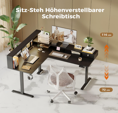 L-Vormig Sta-bureau – Hoekbureau – Zit-Sta Bureau – Verstelbaar Bureau – Ergonomisch Bureau – In Hoogte Verstelbaar – LED Verlichting – 160 x 140 cm – Mat Zwart FSC Hout