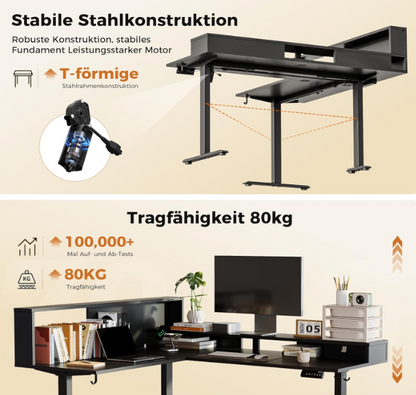 L-Vormig Sta-bureau – Hoekbureau – Zit-Sta Bureau – Verstelbaar Bureau – Ergonomisch Bureau – In Hoogte Verstelbaar – LED Verlichting – 160 x 140 cm – Mat Zwart FSC Hout