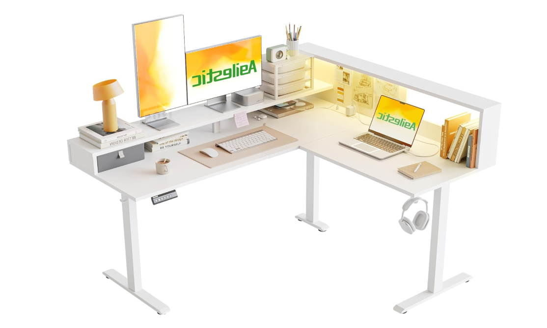 L-Vormig Zit-Sta Bureau – Hoekbureau – Verstelbaar Bureau – Staand Bureau – Bureau Met Opbergrek – 160x140 CM – Led Verlichting – Stevig Stalen Frame