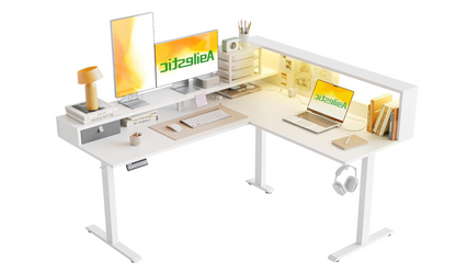 L-Vormig Zit-Sta Bureau – Hoekbureau – Verstelbaar Bureau – Staand Bureau – Bureau Met Opbergrek – 160x140 CM – Led Verlichting – Stevig Stalen Frame