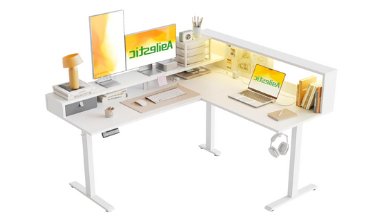 L-Vormig Zit-Sta Bureau – Hoekbureau – Verstelbaar Bureau – Staand Bureau – Bureau Met Opbergrek – 160x140 CM – Led Verlichting – Stevig Stalen Frame