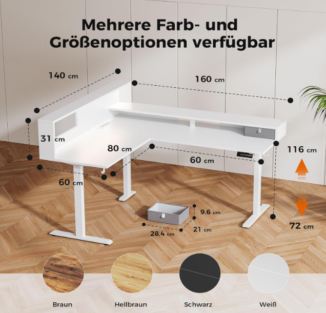 L-Vormig Zit-Sta Bureau – Hoekbureau – Verstelbaar Bureau – Staand Bureau – Bureau Met Opbergrek – 160x140 CM – Led Verlichting – Stevig Stalen Frame