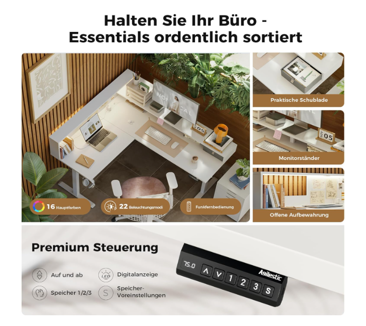L-Vormig Zit-Sta Bureau – Hoekbureau – Verstelbaar Bureau – Staand Bureau – Bureau Met Opbergrek – 160x140 CM – Led Verlichting – Stevig Stalen Frame