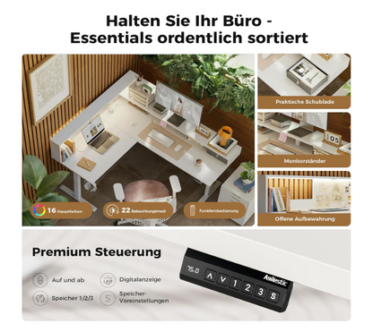 L-Vormig Zit-Sta Bureau – Hoekbureau – Verstelbaar Bureau – Staand Bureau – Bureau Met Opbergrek – 160x140 CM – Led Verlichting – Stevig Stalen Frame
