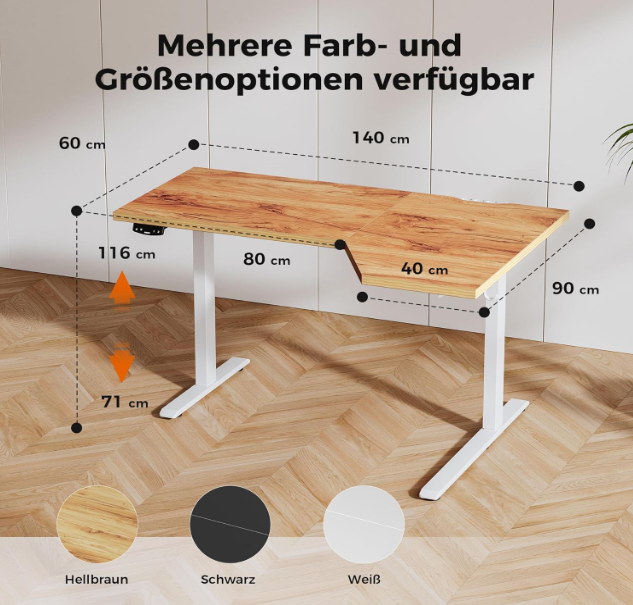L-Vormig Zit-Sta Bureau – Elektrisch Bureau – Verstelbaar Bureau – Hoekbureau – Ergonomisch Bureau – Lichtbruin – Hoogte Verstelbaar 71-114 cm – Stil Motor met Geheugenfunctie