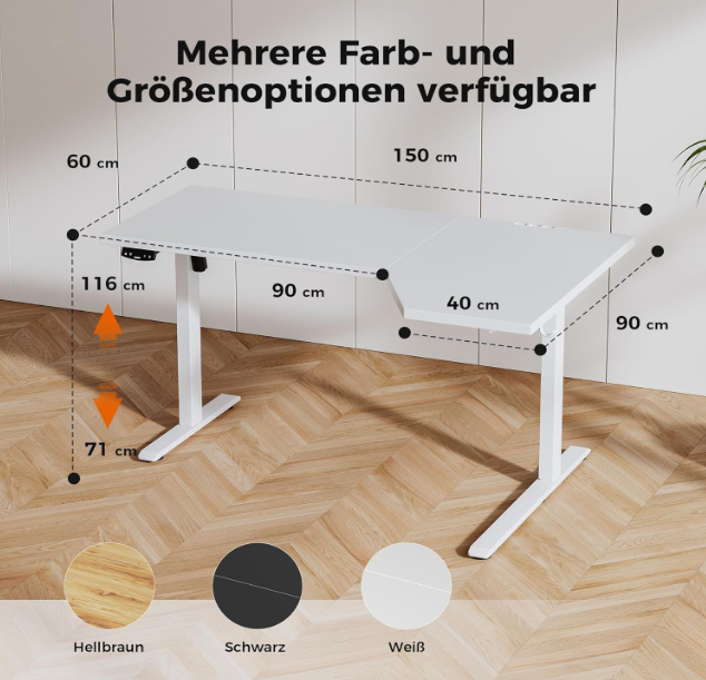 L-Vormig Bureau – Hoekbureau – Zit-Sta Bureau – Elektrisch Verstelbaar Bureau – Thuiswerkbureau – In Hoogte Verstelbaar 71-114 CM – Stil Motor Minder Dan 55 Db – Wit 150x90 CM