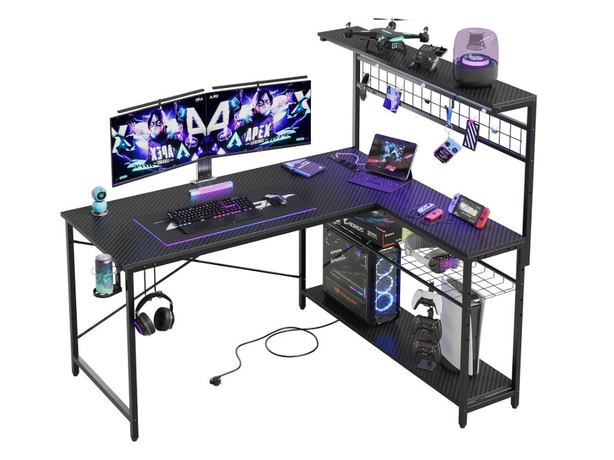 Hoekbureau – L-Shape Bureau – Gamestoel Bureau – Thuiswerkbureau – Gamingbureau – Carbon Fiber Zwart – 130 cm – RGB LED-Verlichting – Geïntegreerde Stopcontacten & USB-poorten