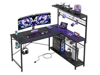 Hoekbureau – L-Shape Bureau – Gamestoel Bureau – Thuiswerkbureau – Gamingbureau – Carbon Fiber Zwart – 130 cm – RGB LED-Verlichting – Geïntegreerde Stopcontacten & USB-poorten