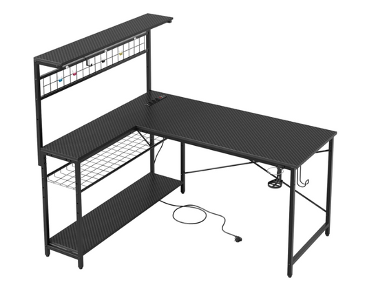 Hoekbureau – L-Shape Bureau – Gamestoel Bureau – Thuiswerkbureau – Gamingbureau – Carbon Fiber Zwart – 130 cm – RGB LED-Verlichting – Geïntegreerde Stopcontacten & USB-poorten
