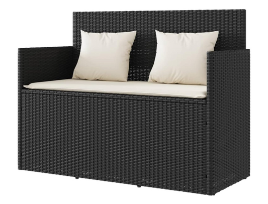 Tuinbank – Buitenbank – Opbergbank – Rattan Bank – Zwarte Tuinmeubel – Met Opbergruimte – UV-Bestendig Poly Rattan – Comfortabele Kussens Met Afneembare Hoezen