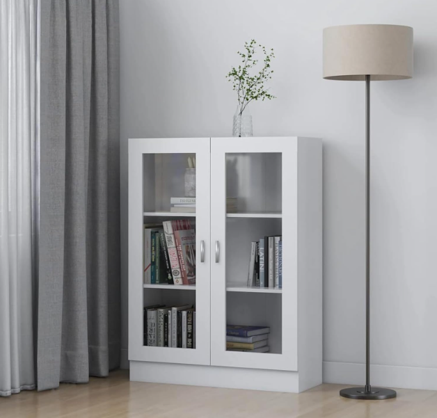 Vitrinekast – Boekenkast – Opbergkast – Displaykast – Kast Met Deuren – Wit – 82,5x30,5x115 cm – Hout En Glas – Wandbevestiging Voor Veiligheid