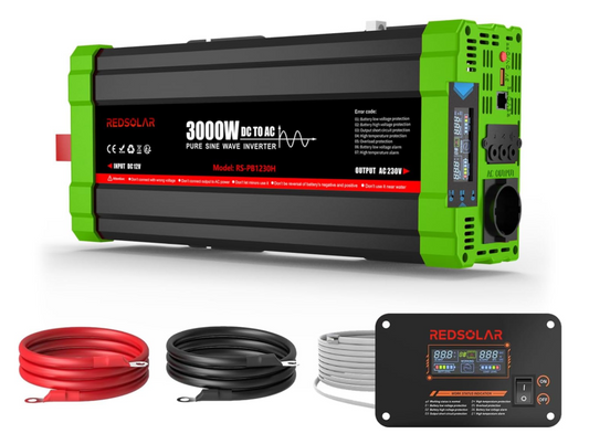 Omvormer 3000W – Inverter – Spanningsomvormer – Power Converter – Stroomomzetter – Pure Sinusgolf – LCD Display – Afstandsbediening Met 7m Kabel - QUORE