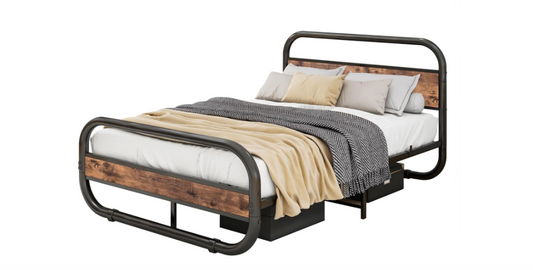 Bedframe 120x200 – Eenpersoonsbed – Stalen Bed – Metaal Bedframe – Houten Lattenbodem – Robuuste Constructie – Extra Opbergruimte Onder Bed - QUORE
