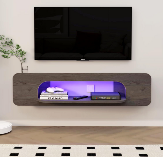 Zwevende Tv-Plank – Wandtv-Meubel – Tv-Schap – Tv-Kast – Entertainmentmeubel – Donkergrijs – Led-Sfeerverlichting – Ruime Open Opbergruimte 146 CM