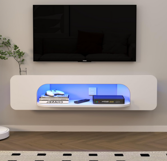 Zwevende Tv-Kast – Wandmontage Tv-Meubel – Tv-Unit – Entertainment Meubel – Modern Tv-Rek – Met 20 Kleuren LED-Verlichting – 146 cm Breed – Wit Multiplex