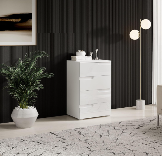 Ladekast – Commode – Dressoir – Kast – Opbergkast – Hoogglans Wit – 4 Ruime Lades – Compact Formaat 50x80x40 cm