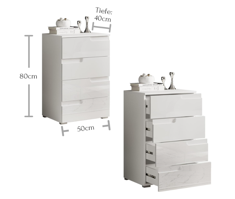Ladekast – Commode – Dressoir – Kast – Opbergkast – Hoogglans Wit – 4 Ruime Lades – Compact Formaat 50x80x40 cm