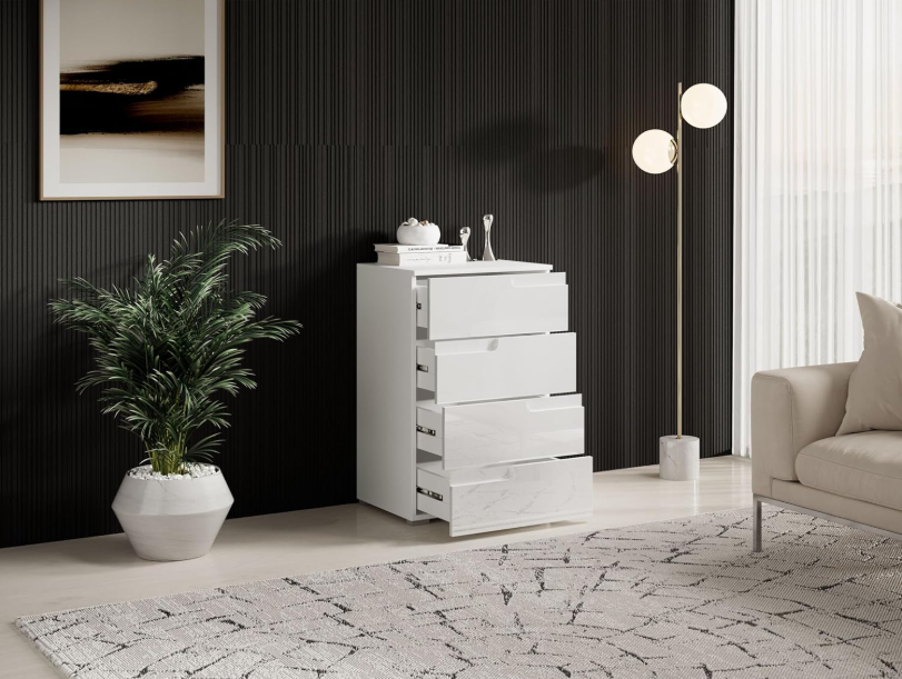 Ladekast – Commode – Dressoir – Kast – Opbergkast – Hoogglans Wit – 4 Ruime Lades – Compact Formaat 50x80x40 cm