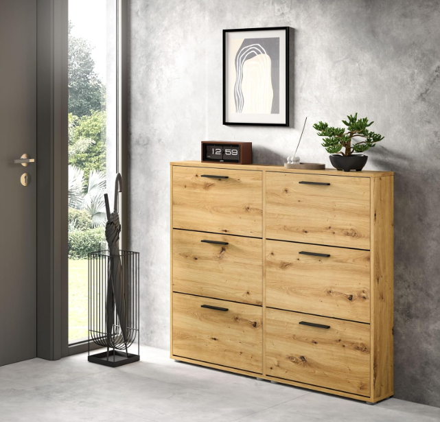 Schoenenrek – Schoenenkast – Schoenenopberger – Schoenenrekje – Schoenmeubel – 6 Kleppen – Artisan Eikenlook – Ruimtebesparend Design – 116 x 103 x 17 cm