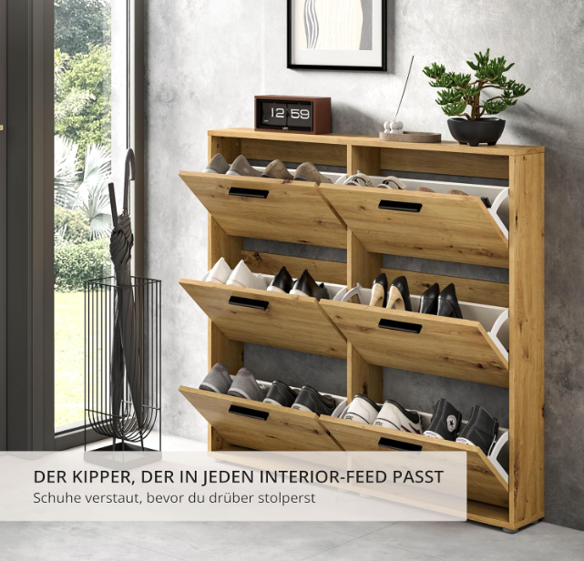 Schoenenrek – Schoenenkast – Schoenenopberger – Schoenenrekje – Schoenmeubel – 6 Kleppen – Artisan Eikenlook – Ruimtebesparend Design – 116 x 103 x 17 cm