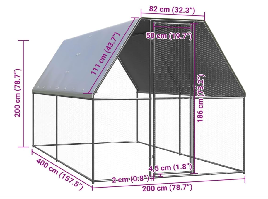 Kippenverblijf – Kippenhok – Kippenren – Buitenren – Kippenkooi – 2x4x2 m – Gegalvaniseerd Stalen Frame – Water- en UV-bestendig Dak