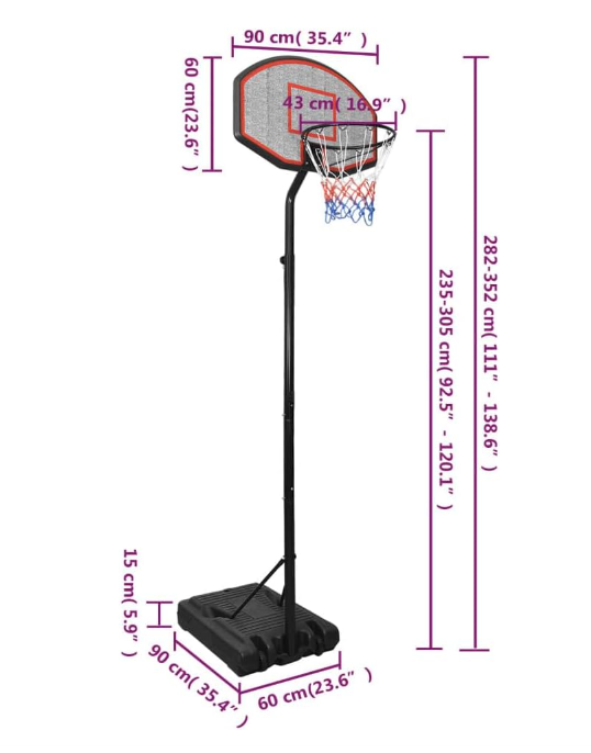 Basketbalpaal – Basketbalstandaard – Basketbalpaal Verrijdbaar – Basketbalring – Basketbalring Standaard – Verstelbaar 282-352 cm – Duurzaam Polyethyleen – Stevige Vulbare Basis Met Wieltjes