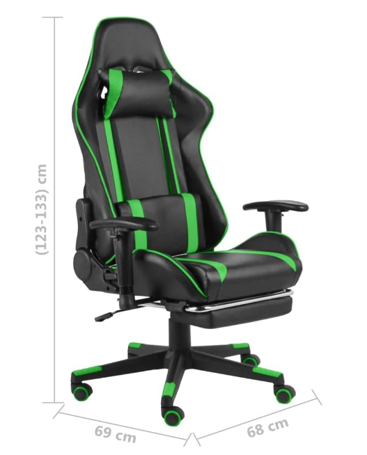 Gamingstoel – Bureaustoel – Gamestoel – Computestoel – Draaistoel – Ergonomisch Ontwerp – Uittrekbare Voetensteun – Zwart Groen PVC