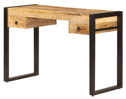 Bureau – Schrijftafel – Computertafel – Werkplek – Bureautafel – Massief Mangohout – 2 Lades – Stalen Onderstel