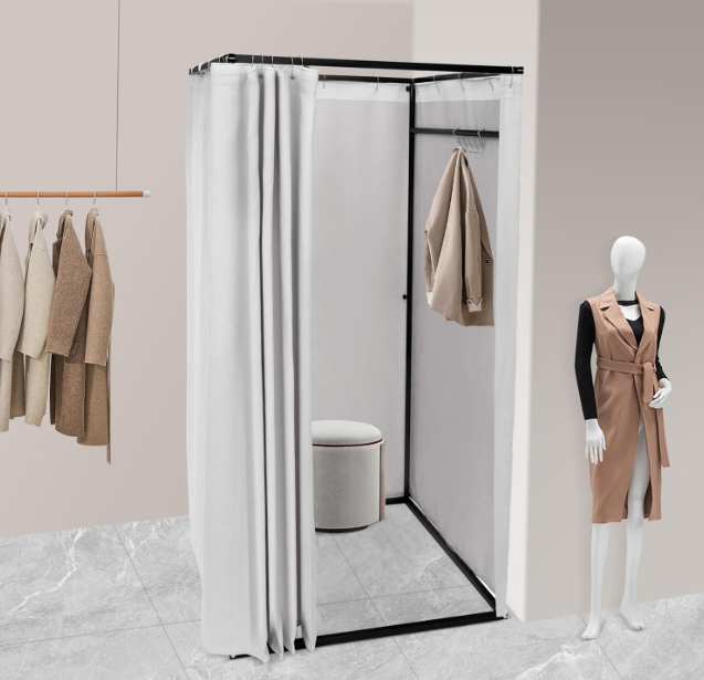 Mobiele Paskamer – Verplaatsbare Omkleedcabine – Paskamer Tent – Kleedruimte – Omkleedgordijn – Grijs – Stevig IJzeren Frame – Privacy Met Linnen Doek