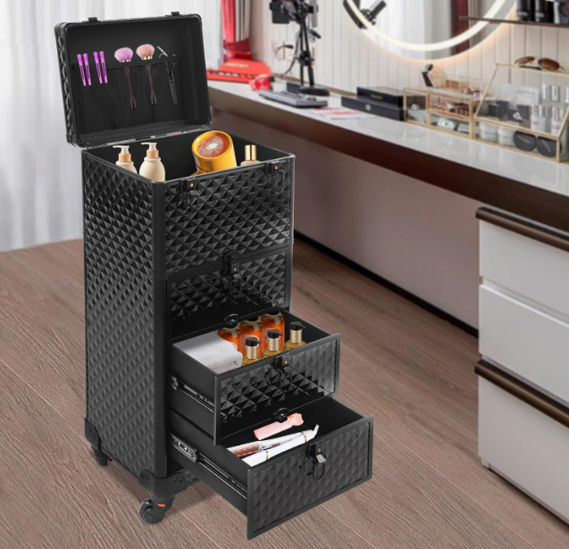 Make-Upkoffer – Make-Up Trolley – Beautycase – Cosmetica Koffer – Visagiekoffer – Aluminium – Uitklapbaar Met Slot En 4 Wieltjes