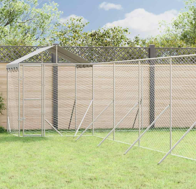 Hondenren – Buitenren – Huisdierenren – Kennel – Kippenren – Gegalvaniseerd Staal – Groot 12x12x2,5 m – Water- En UV-Bestendig Dak – Vergrendelbare Deur