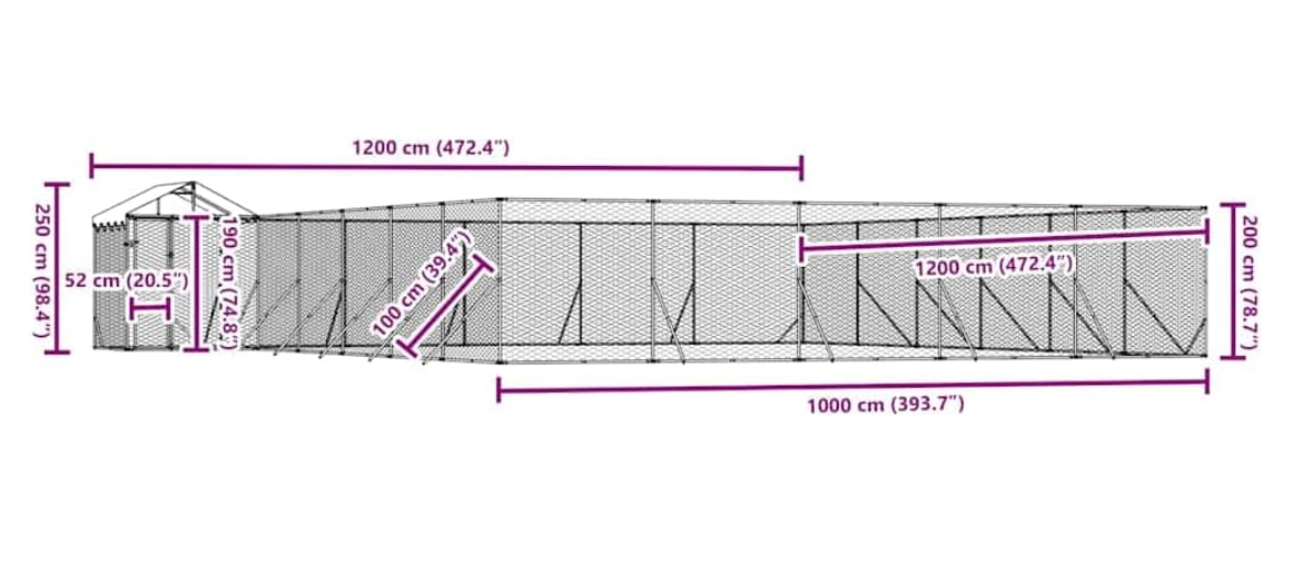 Hondenren – Buitenren – Huisdierenren – Kennel – Kippenren – Gegalvaniseerd Staal – Groot 12x12x2,5 m – Water- En UV-Bestendig Dak – Vergrendelbare Deur