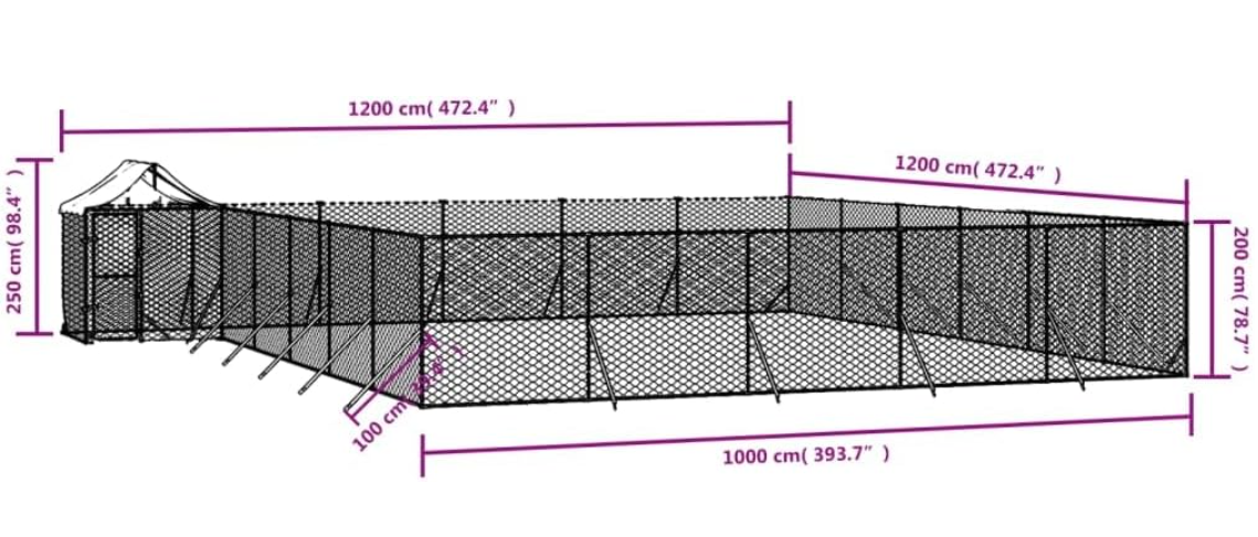 Hondenren – Buitenren – Huisdierenren – Kennel – Kippenren – Gegalvaniseerd Staal – Groot 12x12x2,5 m – Water- En UV-Bestendig Dak – Vergrendelbare Deur