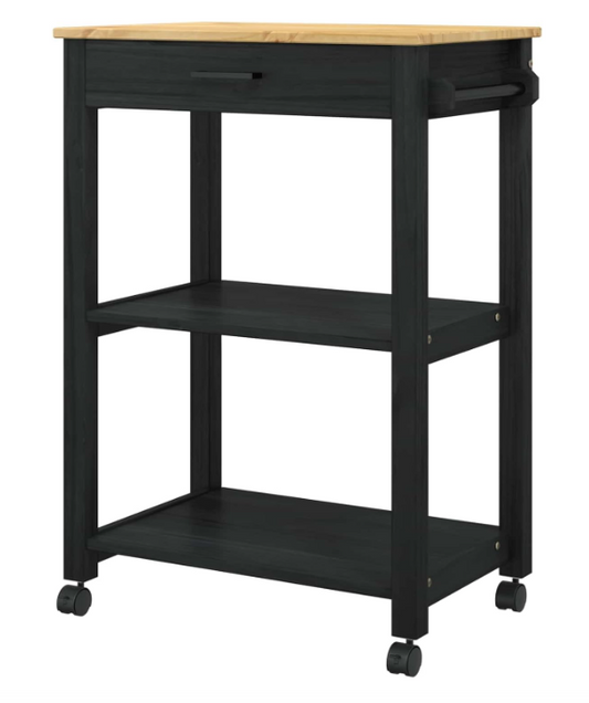 Keukentrolley – Keukenwagen – Opbergwagen – Karren – Serveerwagen – Zwart – Massief Grenenhout – 360° Wieltjes – Ruime Opbergruimte 60x40x90 cm