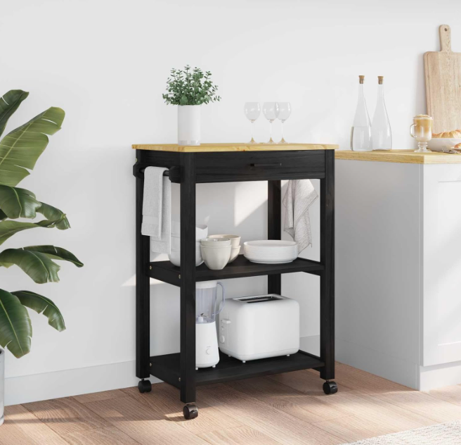 Keukentrolley – Keukenwagen – Opbergwagen – Karren – Serveerwagen – Zwart – Massief Grenenhout – 360° Wieltjes – Ruime Opbergruimte 60x40x90 cm