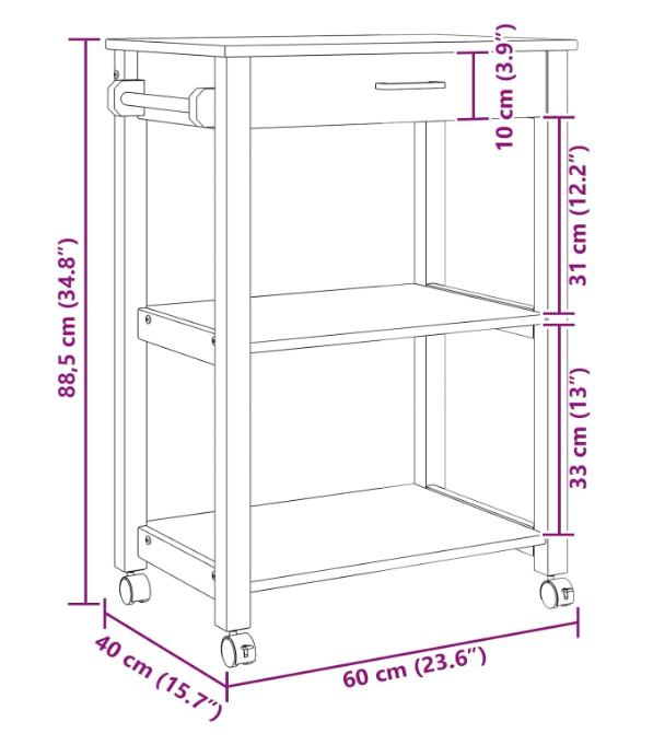 Keukentrolley – Keukenwagen – Opbergwagen – Karren – Serveerwagen – Zwart – Massief Grenenhout – 360° Wieltjes – Ruime Opbergruimte 60x40x90 cm