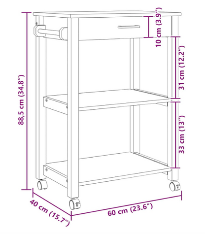 Keukentrolley – Keukenwagen – Opbergwagen – Karren – Serveerwagen – Zwart – Massief Grenenhout – 360° Wieltjes – Ruime Opbergruimte 60x40x90 cm