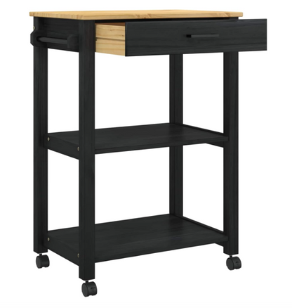 Keukentrolley – Keukenwagen – Opbergwagen – Karren – Serveerwagen – Zwart – Massief Grenenhout – 360° Wieltjes – Ruime Opbergruimte 60x40x90 cm