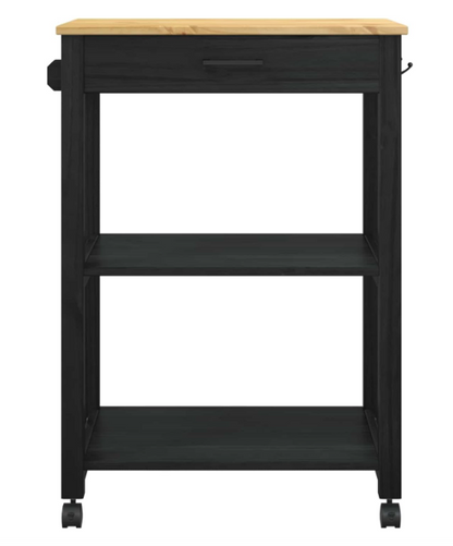 Keukentrolley – Keukenwagen – Opbergwagen – Karren – Serveerwagen – Zwart – Massief Grenenhout – 360° Wieltjes – Ruime Opbergruimte 60x40x90 cm