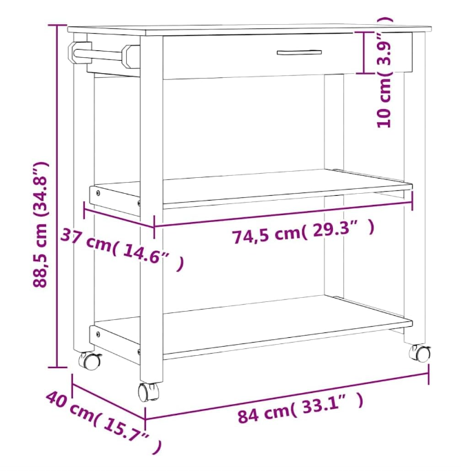 Keukentrolley – Keukenwagen – Opbergtrolley – Serveerwagen – Kruidenwagen – Massief Grenenhout – 84x40x88,5 cm – Vier Wielen Met Rem
