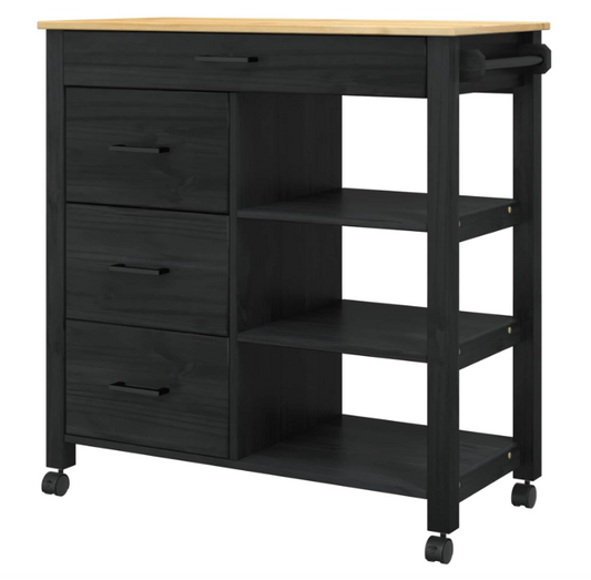 Keukentrolley – Keuken Kar – Serveerwagen – Opbergkar – Keukenwagen – Zwart – Massief Vurenhout – 88,5 x 40 x 84 cm – Mobiel Met 4 Zwenkwielen