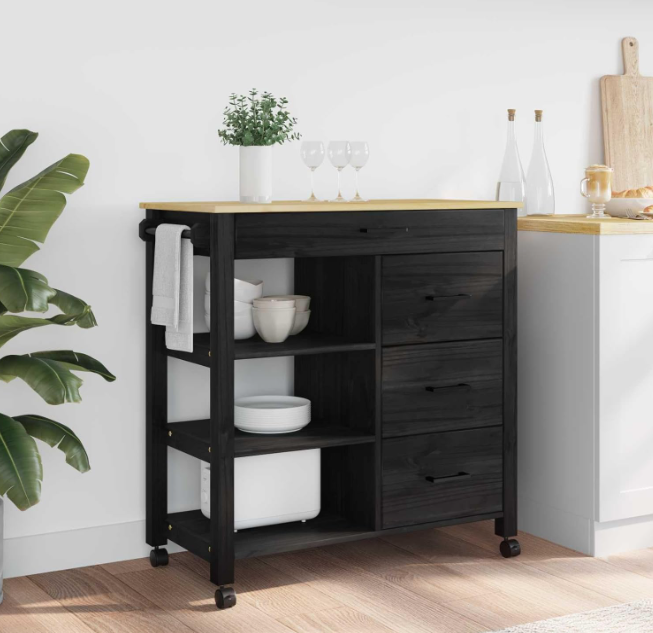 Keukentrolley – Keuken Kar – Serveerwagen – Opbergkar – Keukenwagen – Zwart – Massief Vurenhout – 88,5 x 40 x 84 cm – Mobiel Met 4 Zwenkwielen