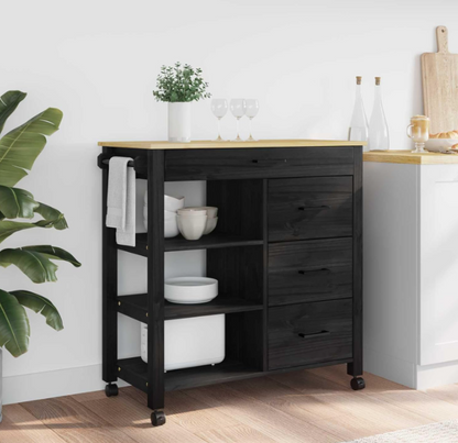 Keukentrolley – Keuken Kar – Serveerwagen – Opbergkar – Keukenwagen – Zwart – Massief Vurenhout – 88,5 x 40 x 84 cm – Mobiel Met 4 Zwenkwielen