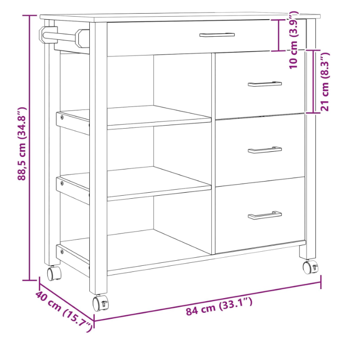 Keukentrolley – Keuken Kar – Serveerwagen – Opbergkar – Keukenwagen – Zwart – Massief Vurenhout – 88,5 x 40 x 84 cm – Mobiel Met 4 Zwenkwielen