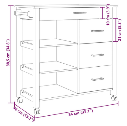 Keukentrolley – Keuken Kar – Serveerwagen – Opbergkar – Keukenwagen – Zwart – Massief Vurenhout – 88,5 x 40 x 84 cm – Mobiel Met 4 Zwenkwielen