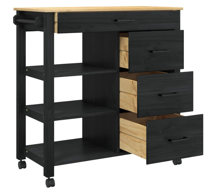 Keukentrolley – Keuken Kar – Serveerwagen – Opbergkar – Keukenwagen – Zwart – Massief Vurenhout – 88,5 x 40 x 84 cm – Mobiel Met 4 Zwenkwielen
