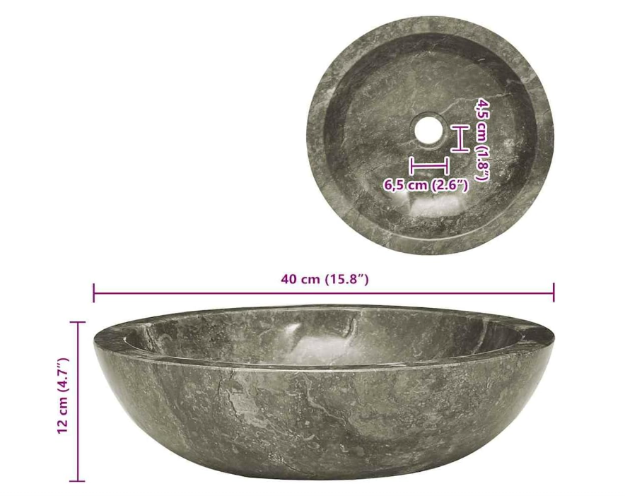 Waskom – Wastafel – Wasbak – Waschkom – Marmeren Wastafelkom – Grijs Marmer – Ø 40 cm x H 12 cm – Handgemaakt & Duurzaam
