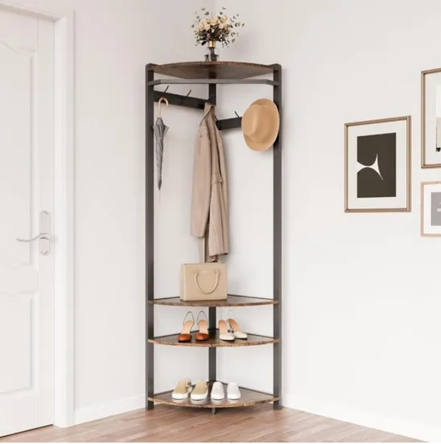 Hoekkapstok met Schoenenbank en 6 Haken - Multifunctioneel Kledingrek - Opbergruimte met Plank - Stabiel en Ruimtebesparend - Industrieel Modern - 50 x 50 x 181 cm - Bruin - QUORE