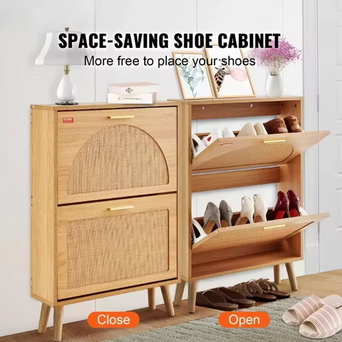 Shoe Rack - Shoe Cabinet - Modern Minimalist - 2 Folding Drawers - 60 x 16.8 x 87.7 cm - PVC Rattan - Wood Color